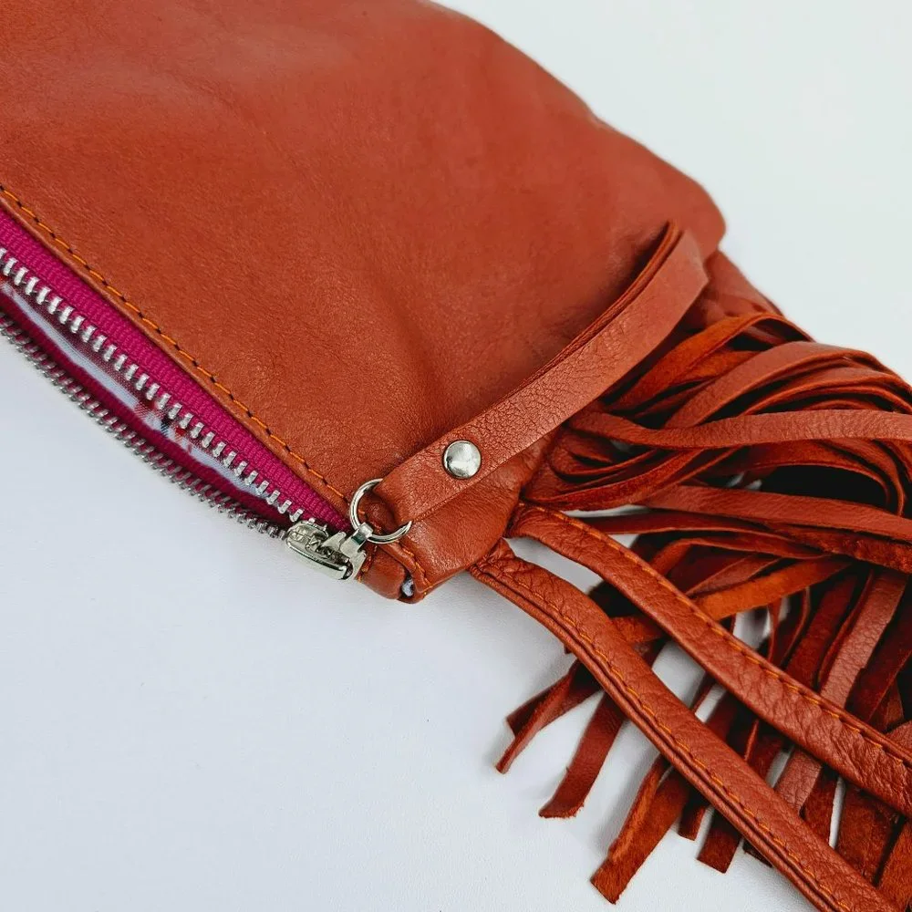 Talula De La Lune Leather Wristlet Camel Brown Fringe Trim Pink Zip Top Plaid